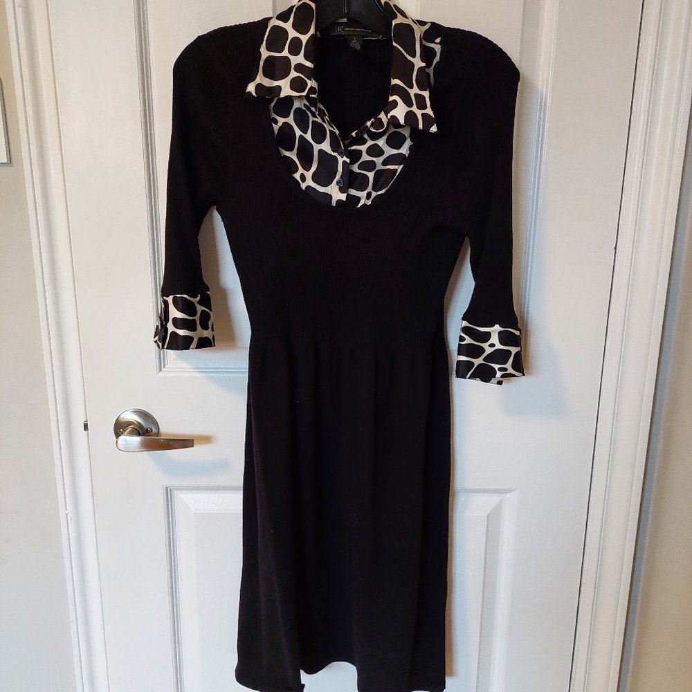 INC Size M Silk Knit Sweater Dress With 100%Silk Contrast Collar Cuff Chic